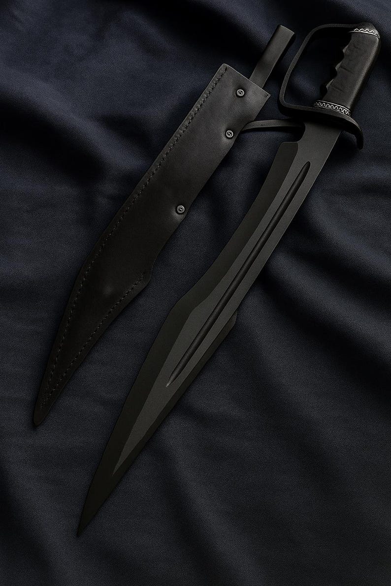May include: A black sword and sheath. The sword has a unique handle design and a long, pointed blade with a central groove. The black leather sheath is secured with three rivets. The items are displayed on a dark, textured surface.