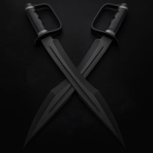 May include: Two black daggers, crossed against a black background. Each dagger has a D-shaped handle and a long, sharp blade with a central ridge. The handles feature a textured grip and silver detailing.