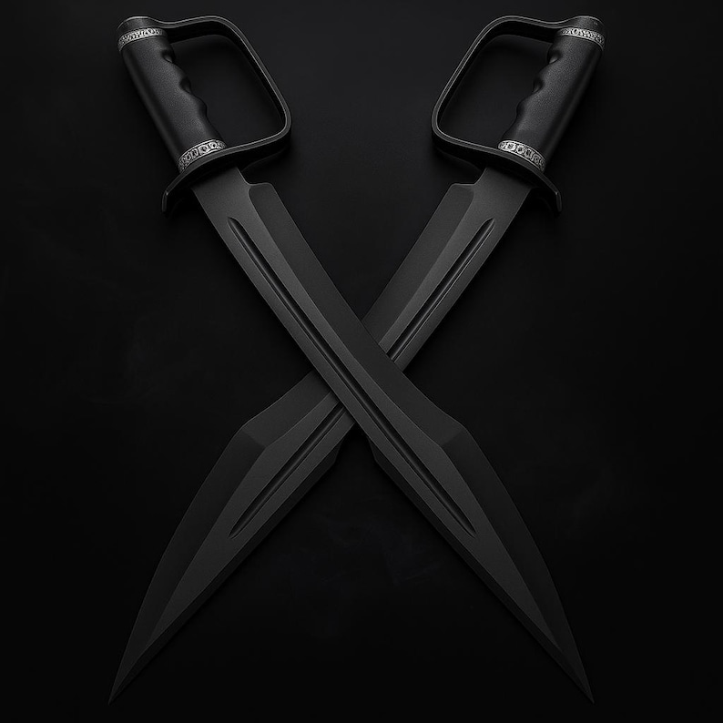 May include: Two black daggers, crossed against a black background. Each dagger has a D-shaped handle and a long, sharp blade with a central ridge. The handles feature a textured grip and silver detailing.