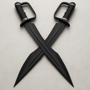 May include: Two black swords are crossed. Each sword has a D-shaped handle and a silver band near the hilt. The blades are long and pointed, with a matte finish. The swords are set against a light background.