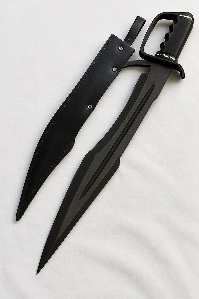 May include: A black sword with a curved blade and a handle with a guard. The sword is accompanied by a black leather sheath. The handle has a grip for a secure hold. The sword is likely made of metal.