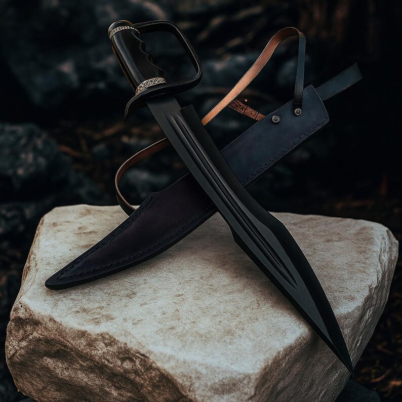May include: A black sword with a leather-wrapped handle and a matching sheath. The sword has a distinctive blade design and is resting on a stone surface. A leather strap is attached to the sheath.
