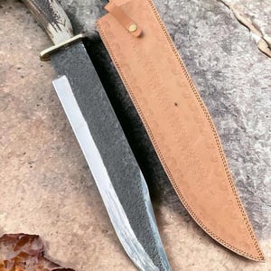 Handmade Monster Bowie – D2 Steel Hunting Knife, Large Blade, Stag Horn Handle, Outdoor Gift