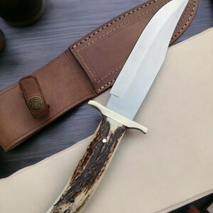 Handmade Stag Horn Handle Bowie Knife: K110 Bohler Steel Blade, Leather Sheath