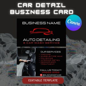 Design de cartão de visita para serviços de detalhamento de automóveis | Serviços de lavagem de carros | Modelo Canva | Faça você mesmo | Detalhamento de carros