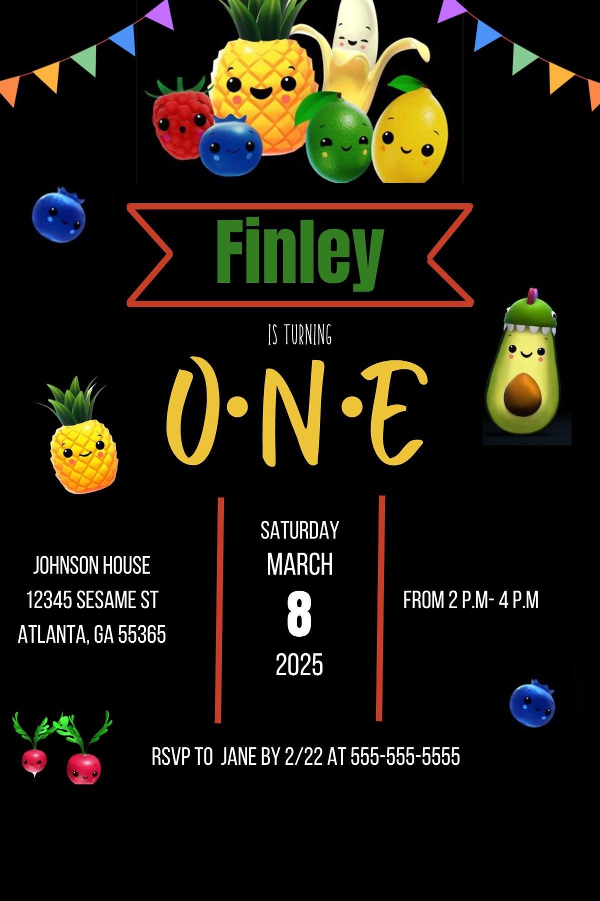 Editable- Dancing Fruit Birthday Editable Digital Download Invite, 1 birthday, hey bear, celebration, template, Digital, Instant Download
