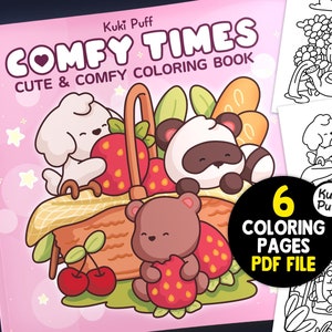 Op de afbeelding: Een roze kleurboekomslag met de titel "COMFY TIMES CUTE & COMFY COLORING BOOK" in witte tekst. De omslag toont een cartoonillustratie van een witte hond, een panda en een bruine beer in een picknickmand met aardbeien, kersen en brood. Een zwarte cirkel met witte tekst zegt "6 COLORING PAGES PDF FILE".