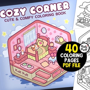 Cozy Corner: Cute Adorable Designs of Cozy, Hygge Spaces Coloring Book by Kuki Puff | 40 Digital Coloring Pages (Printable, PDF Download)