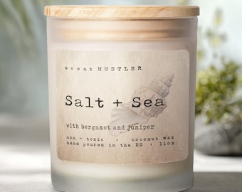 Salt + Sea Scented Candle –  Non-Toxic Ingredients – Frosted Glass 11 oz – Hand-Poured Coconut Soy Wax – Wood Wick – Coastal Home Fragrance