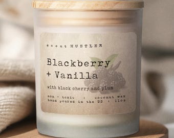 Brombeere + Vanille Duftkerze - Gefrostetes Glas 325 ml - Luxuriöses, handgegossenes Kokosnuss-Sojawachs - Holzdocht - Aromatischer Beerenduft