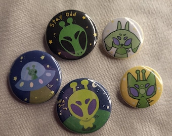 Alien handmade pinback button bundle 1.25 in. And 1 in.