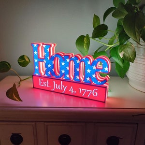Letrero patriótico para el hogar - Letrero con luz del 4 de julio - Letrero personalizable para inauguración de la casa - Letrero con luz con letras 3D personalizadas - Letrero del Día de la Independencia