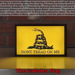 May include: A yellow Gadsden Flag with a coiled rattlesnake and the text "DONT TREAD ON ME". The flag is framed in black and is on a yellow surface.