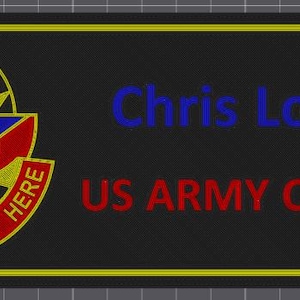 May include: A rectangular black embroidered patch with a yellow border. On the left, a circular emblem features a blue star, red and yellow accents, and the text SUPPORT STARTS HERE. On the right, the text Chris Lovato and US ARMY CASCOM.