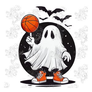 May include: A white ghost wearing orange sneakers and holding a basketball in front of a black moon with bats flying around it.
