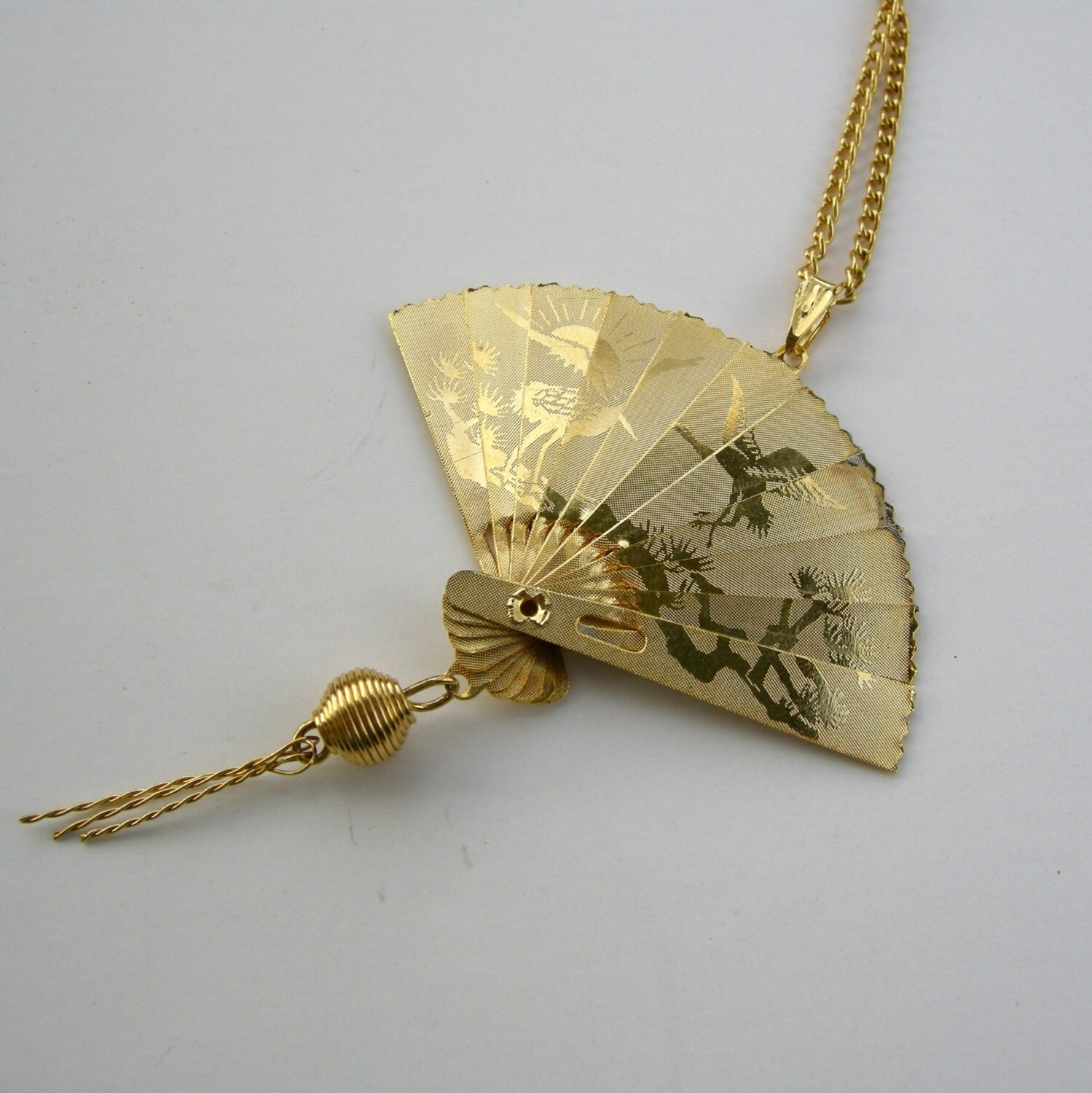 Vintage gold movable Oriental fan necklace with enamel bird Etsy