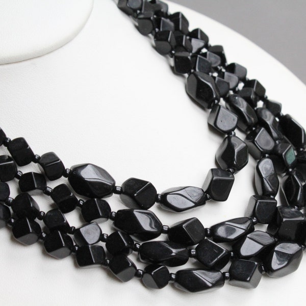 Vintage multi strand black glass beaded necklace