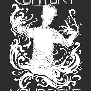 Puede incluir: Diseño gráfico en blanco y negro con una figura estilizada rodeada de líneas en espiral. El texto "CONTORT YOURSELF" está en la parte superior e inferior del diseño.