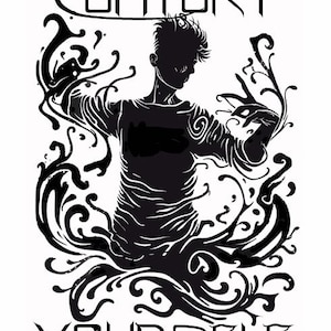 Puede incluir: Ilustración en blanco y negro de una persona contorsionando su cuerpo dentro de un patrón orgánico en espiral. El texto "CONTORT YOURSELF" está por encima de la figura.