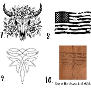 May include: Black and white illustrations of a bull skull with floral accents, an American flag, a stitched design, and a leather boot stitch design with the text "This is the classic boot stitch."
