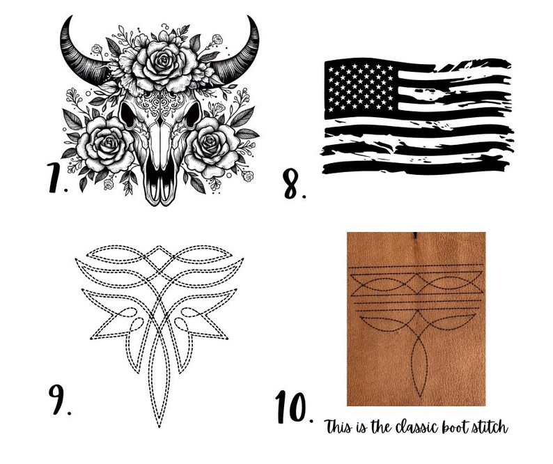 May include: Black and white illustrations of a bull skull with floral accents, an American flag, a stitched design, and a leather boot stitch design with the text "This is the classic boot stitch."