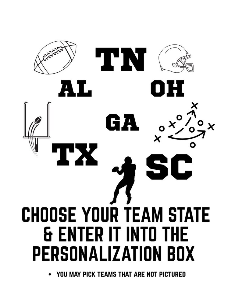 Op de afbeelding: Zwart-wit afbeelding met voetbalpictogrammen en staat-afkortingen: TN, AL, OH, GA, TX en SC. Tekst luidt: "KIES JE TEAMSTAAT & VOER HET IN DE PERSONALISATIEBOX."