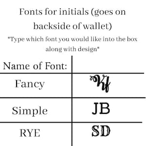 May include: Image showing font options for initials on a wallet. The text includes "Fonts for initials (goes on backside of wallet)" and "Type which font you would like into the box along with design." The fonts are labeled Fancy, Simple, and RYE, with example initials.