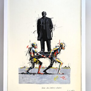Dipinto espressionista Pop Art: Sotto l'ombra del leader, pennarello acrilico 30 x 40 cm S.H. 1983