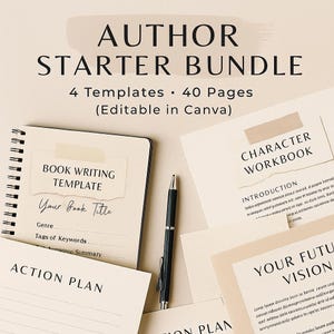 Peut inclure: Un ensemble de démarrage d'auteur avec 4 modèles et 40 pages, modifiable dans Canva. Comprend un modèle d'écriture de livre, un cahier de personnages, un plan d'action et un guide de vision. Un stylo noir repose sur les pages.