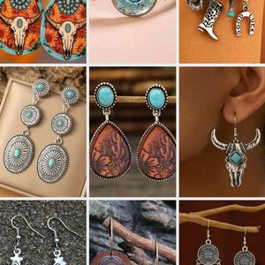 May include: A collection of turquoise and silver earrings with various designs, including a skull, cactus, and geometric patterns. The earrings are displayed on a variety of surfaces, including wood, leather, and fabric.