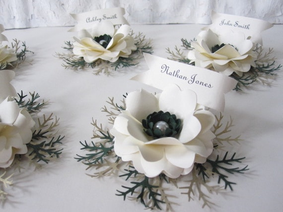 winter time paper flower place cards etsy flower place cards