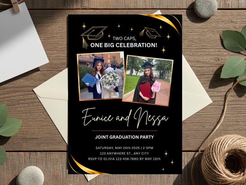 Black and Gold Joint College Graduation Party Invitation Template With ...