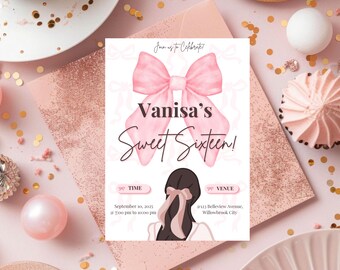 Pink Coquette Bow Sweet 16 Invitation Canva Editable invitation | Pink Bow Invite Sweet Sixteen Birthday Invite Editable Coquette Invite