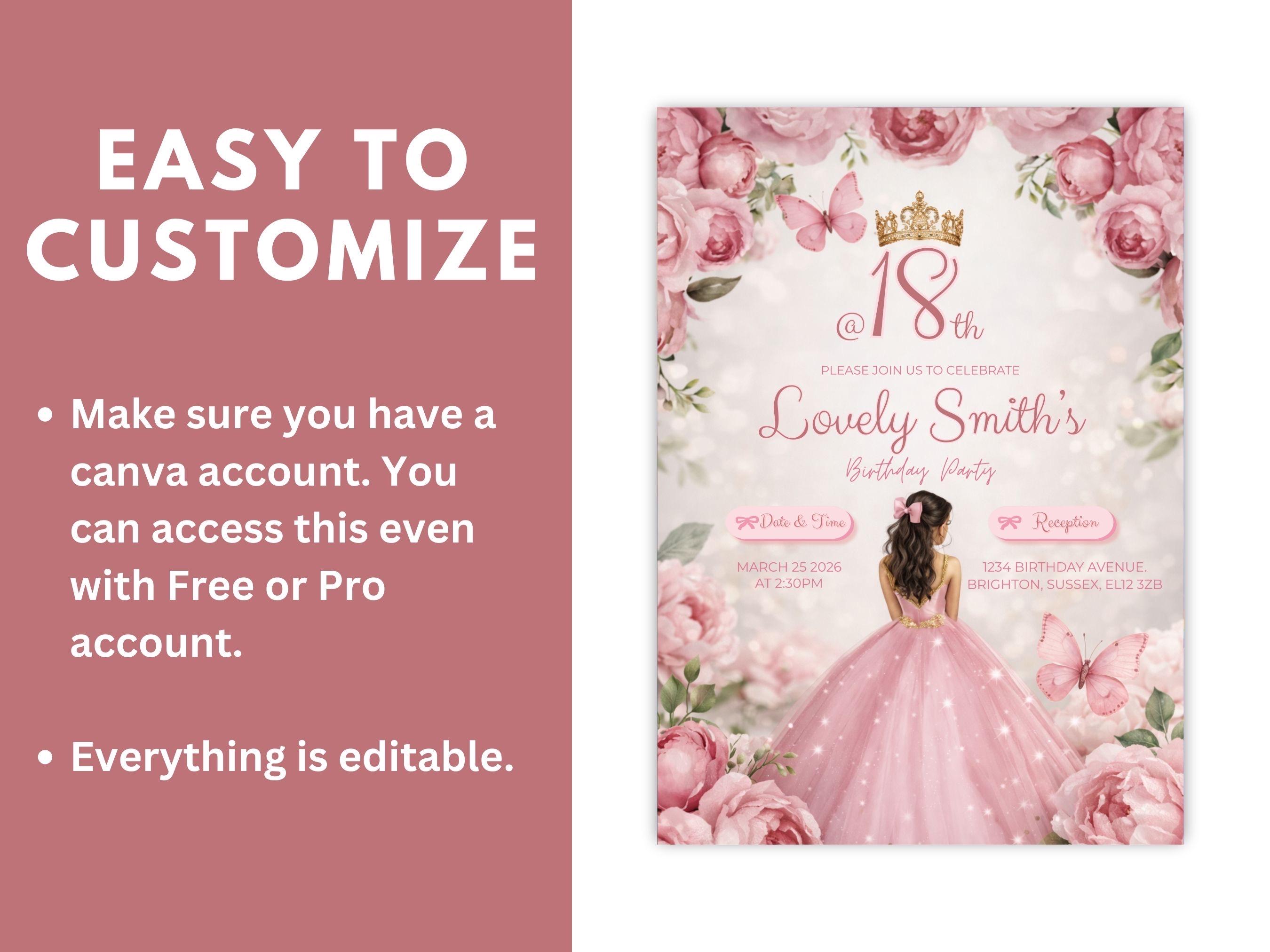 Rose Gold 18th Birthday Invitation | Rose Gold Pink Floral Princess ...