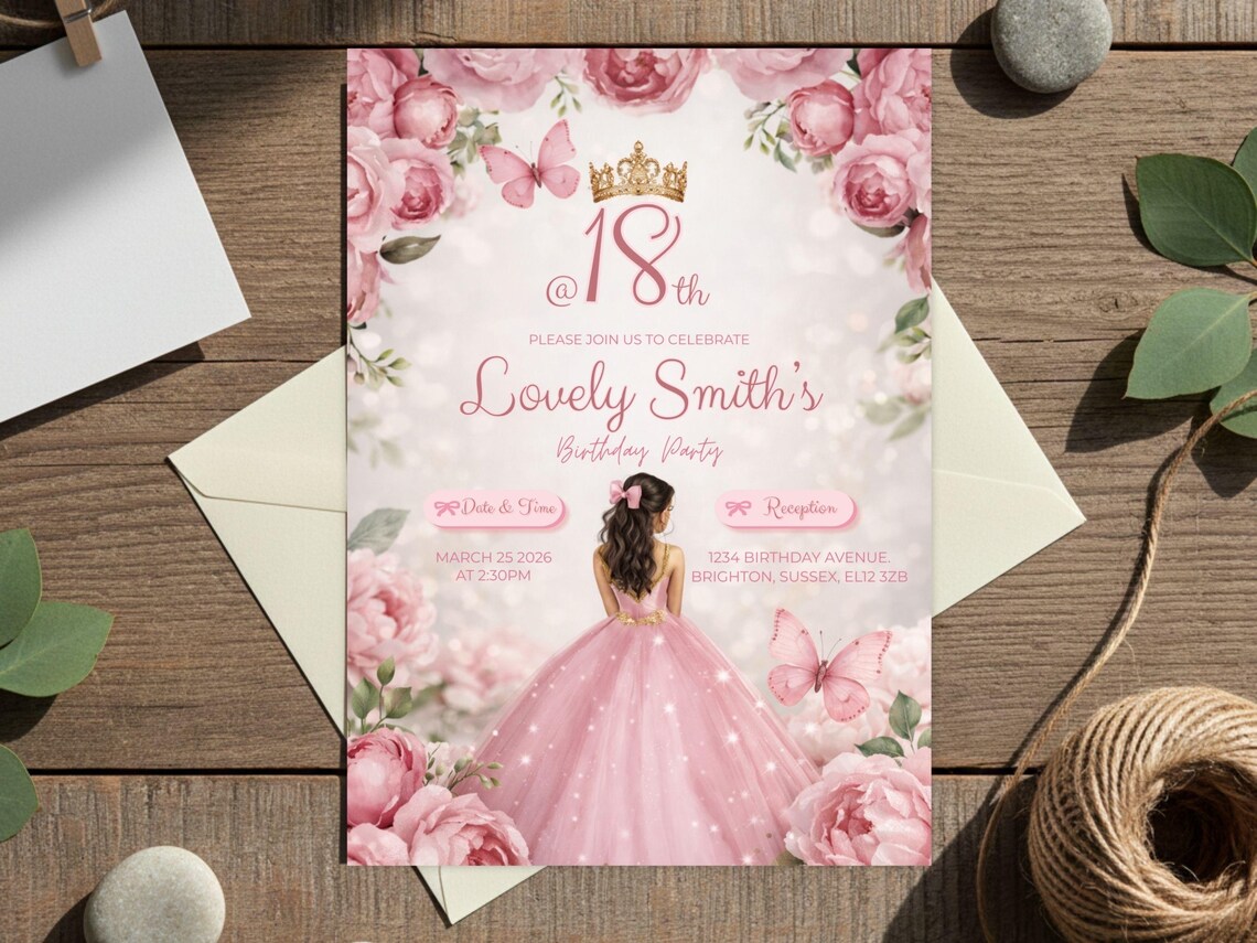 Rose Gold 18th Birthday Invitation | Rose Gold Pink Floral Princess ...