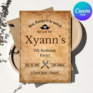 Invitation d'anniversaire pirate vintage, impression sur toile imprimable pour garçons, invitation de carte pirate Invitacion Pirata, invitation de carte à thème pirate adulte