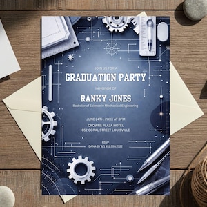 May include: A graduation party invitation with a dark blue background and white text. The invitation includes the text "Join us for a Graduation Party" and the name "Ranky Jones". The design incorporates mechanical engineering elements.