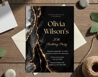Elegant Black Gold Birthday Invitation, 30th Birthday Party Invite, Luxury Adult Birthday, Modern Marble Gold Digital Invitation Gold Black