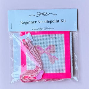 Starter DIY Needlepoint Kit- MINI BOW 13 Mesh Handmade Painted Canvas, Threads, and Supplies for Beginners | Simple + Easy Project