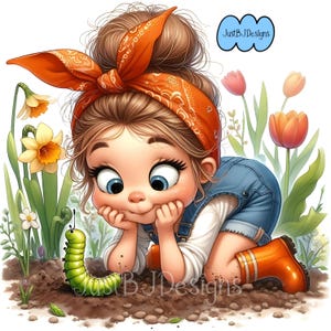 Fille de jardinage printanière fantaisiste - lot de cliparts mignons - 20 haute résolution - usage Commercial ou personnel