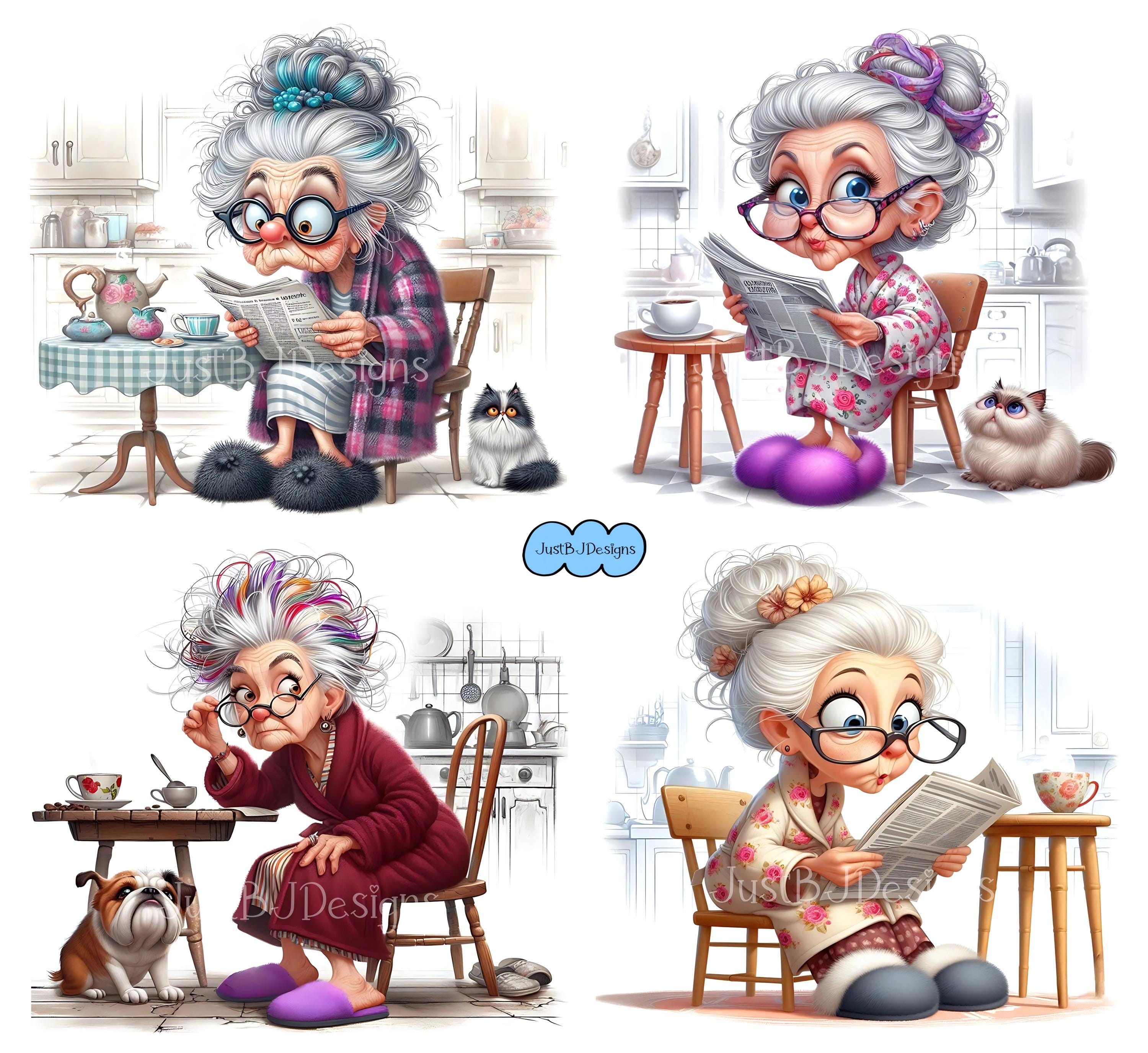 Coffee Senior Lady Clipart Bundle – Whimsical Art, Commercial Use ...