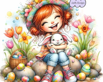 Paquete de imágenes prediseñadas de niñas de Pascua: imágenes de conejitas caprichosas (descarga digital)