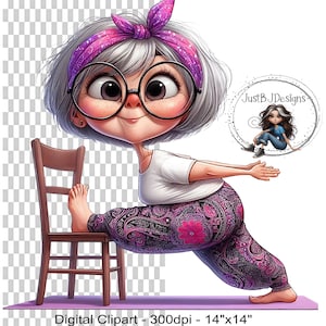 May include: Digital clipart of a cartoon character doing yoga with a chair. The character wears a white top, patterned purple pants, and a pink headband. The image includes the text "Digital Clipart - 300dpi - 14"x14" and "JustB JDesigns".