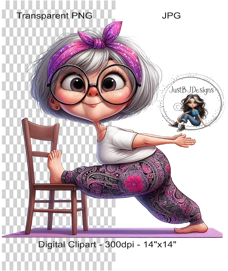 May include: Digital clipart of a cartoon character doing yoga with a chair. The character wears a white top, patterned purple pants, and a pink headband. The image includes the text "Digital Clipart - 300dpi - 14"x14" and "JustB JDesigns".