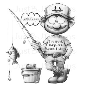 Puede incluir: Ilustración de dibujos animados en blanco y negro de un pescador sosteniendo una caña de pescar con un pez en la línea. El pescador lleva un sombrero, una camiseta con el texto "The Best Days Are Spent Fishing", vaqueros y botas. También hay un cubo y un carrete de pesca.