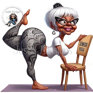 May include: A cartoon illustration of a senior woman in a yoga pose, wearing patterned leggings and a white top. She is holding a chair with "SENIOR YOGA" printed on it. The image has a whimsical style and is set on a purple mat.