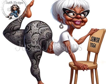 May include: A cartoon illustration of a senior woman in a yoga pose, wearing patterned leggings and a white top. She is holding a chair with "SENIOR YOGA" printed on it. The image has a whimsical style and is set on a purple mat.