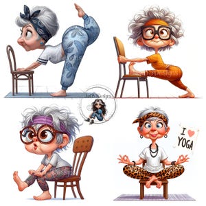 May include: Four cartoon illustrations of an elderly woman practicing yoga poses. She is wearing different outfits, including leggings and headbands. One image shows her holding a sign that says "I love Yoga". The images are set against a white background.