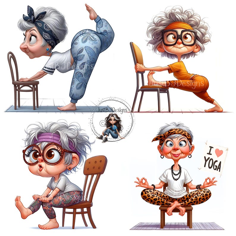 May include: Four cartoon illustrations of an elderly woman practicing yoga poses. She is wearing different outfits, including leggings and headbands. One image shows her holding a sign that says "I love Yoga". The images are set against a white background.