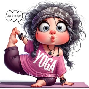 May include: A cartoon illustration of a woman with long black hair in pigtails wearing a pink shirt with the word "YOGA" on it, black leggings, and a bandana. She is doing a yoga pose on a purple mat.